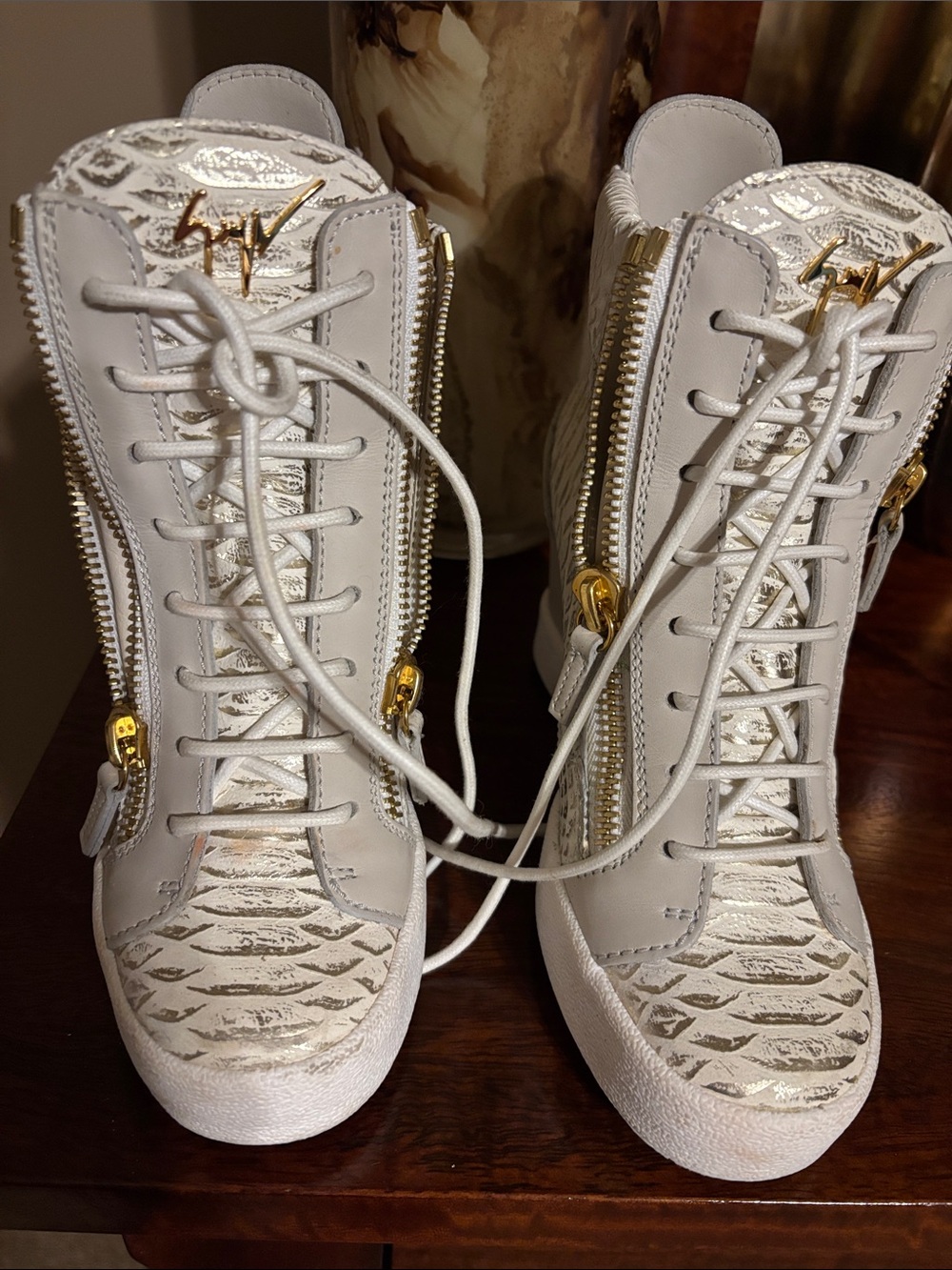 Giuseppe Zanotti White High-Top Sneakers with Gold Accents